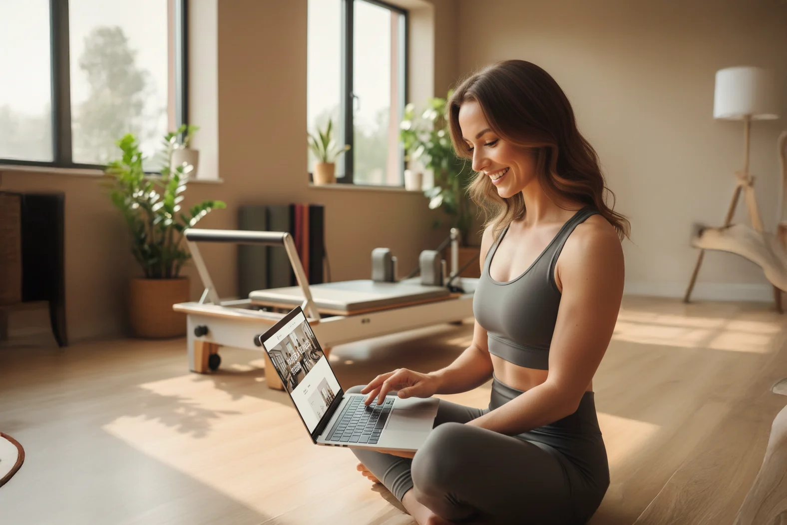 Female pilates owner looking at laptop